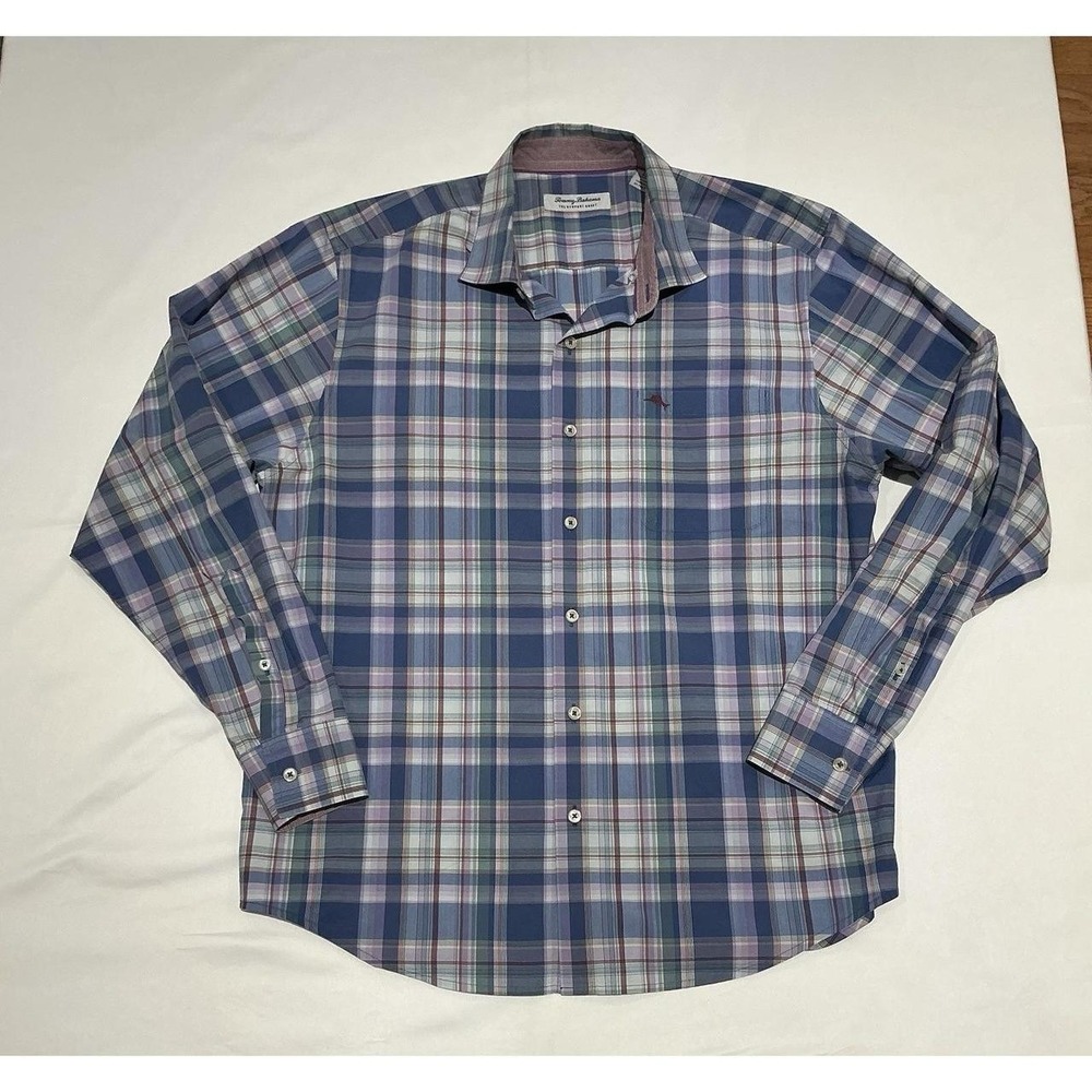 Tommy Bahama The Newport Coast Shirt Mens Large Blue Plaid Flip Cuff Casual